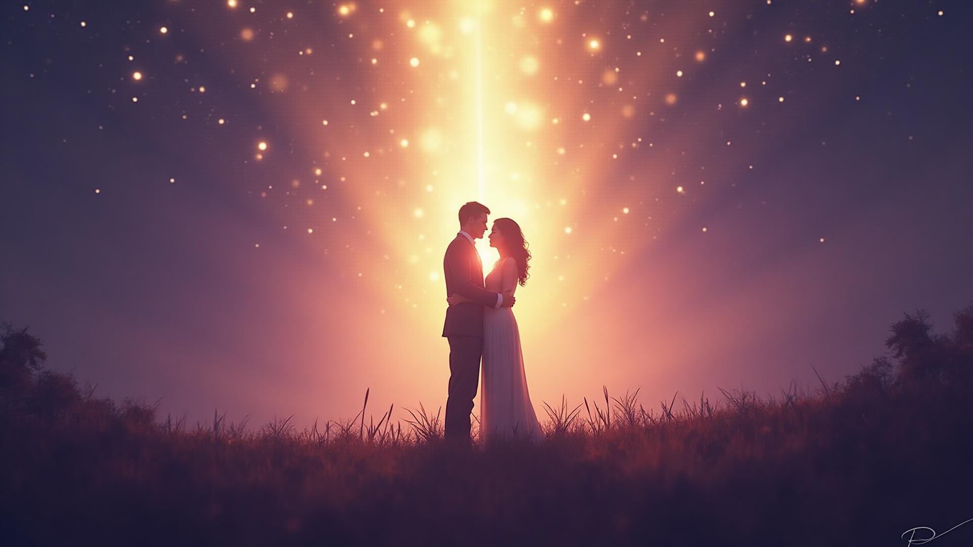 Couple standing together in glowing light
